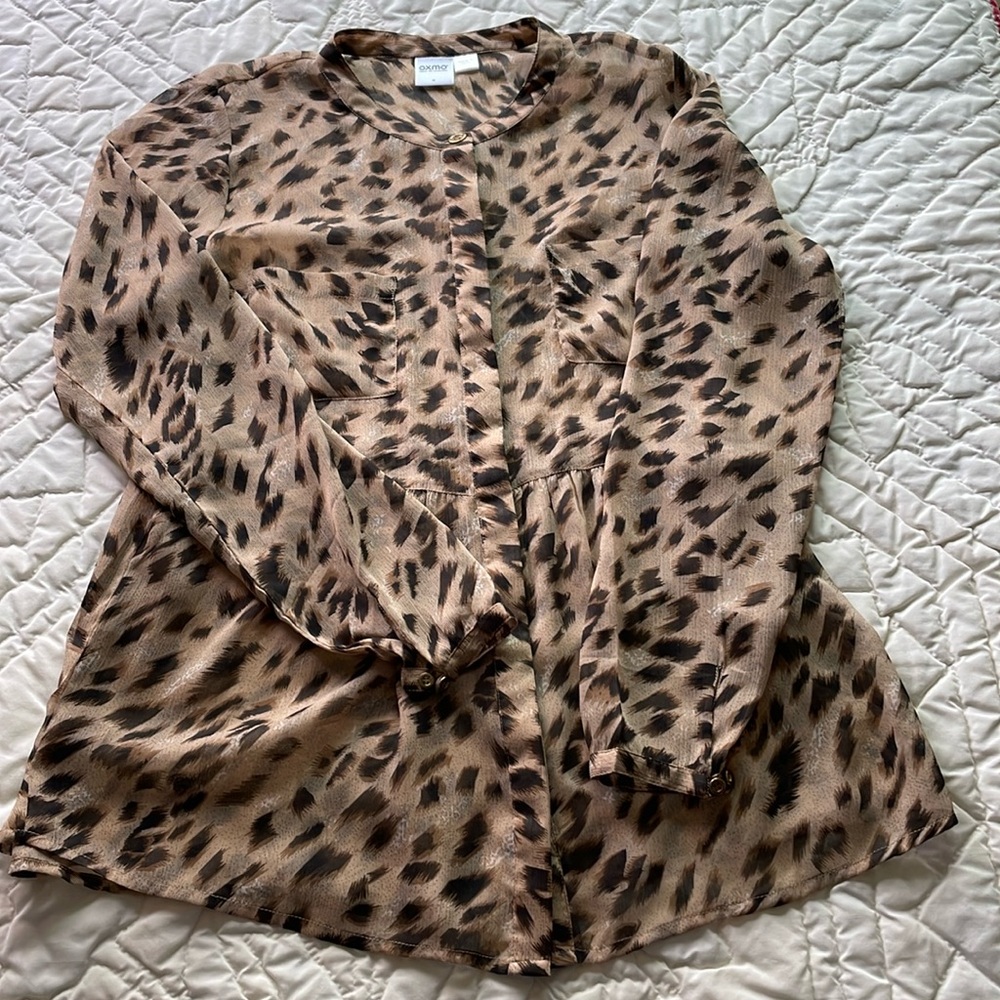 Long Sleeve See Thru Shirt by OXMO Size Medium Leopard-Print